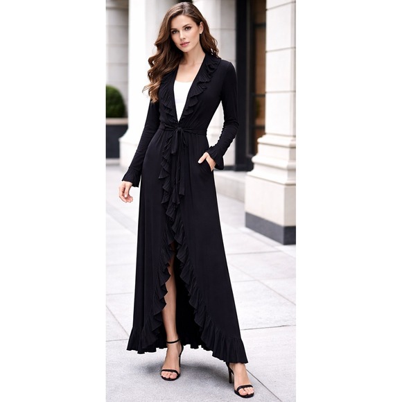 St. John Collection Sweaters - St John Collection Ruffle Knit Maxi Cardigan Women 6 Black Excellent Belted